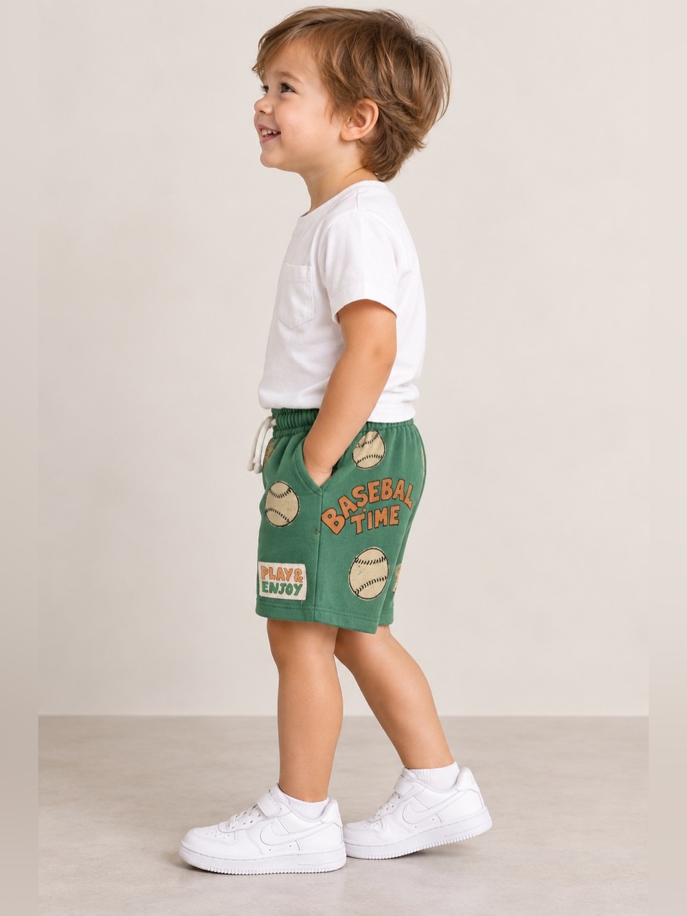 Zara Baby 3Y Green Baseball Time Graphic Sweat Shorts Drawstring